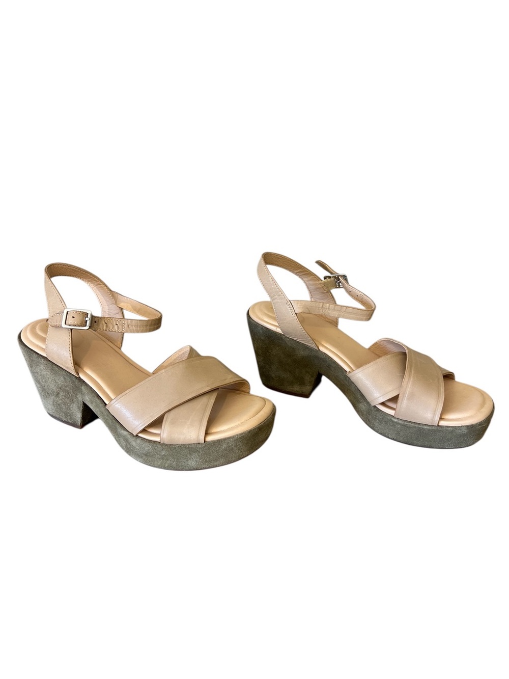 New Clark Maritsa 70 strap heeled sandal leather suede taupe green sz 9 comfort